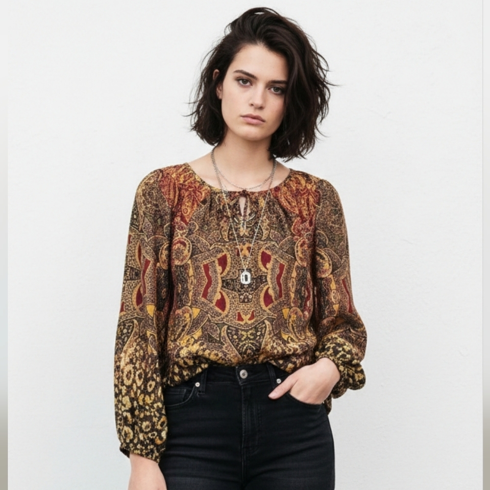 Jones New York Blouse Satin Goth Grunge Boho Brown Green PM